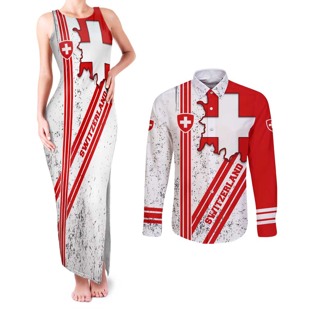 Switzerland Flag Couples Matching Tank Maxi Dress and Long Sleeve Button Shirt Swiss Map Red-White Distressed - Wonder Print Shop