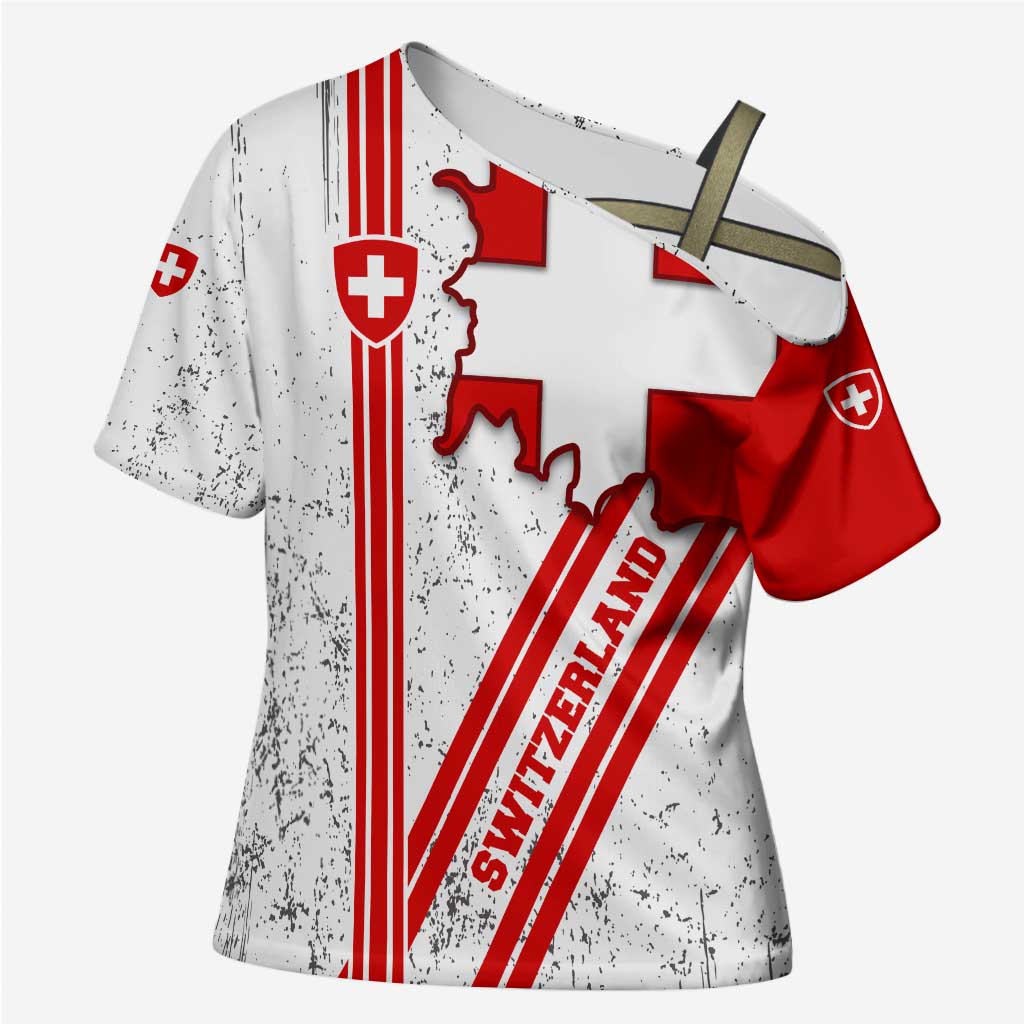 Switzerland Flag Cross Shoulder Shirt Swiss Map Red-White Distressed - Wonder Print Shop