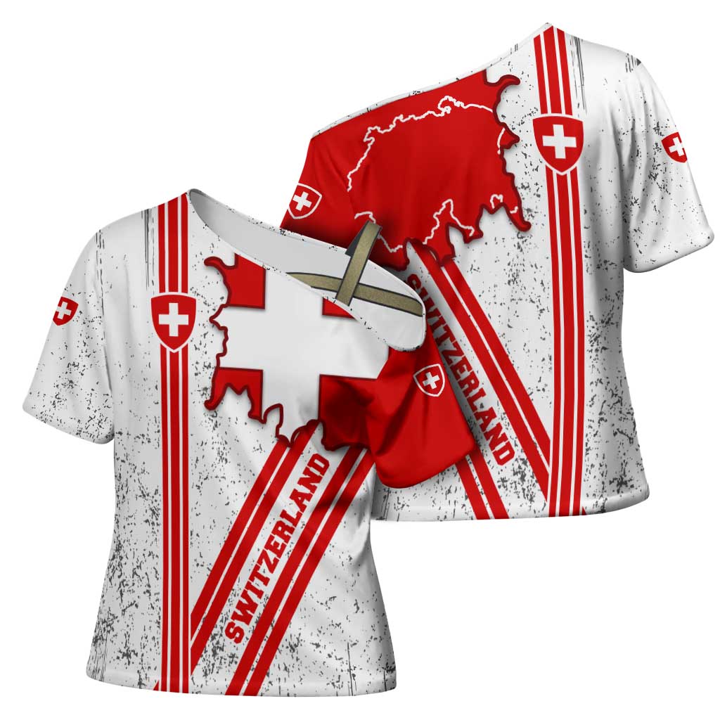Switzerland Flag Cross Shoulder Shirt Swiss Map Red-White Distressed - Wonder Print Shop