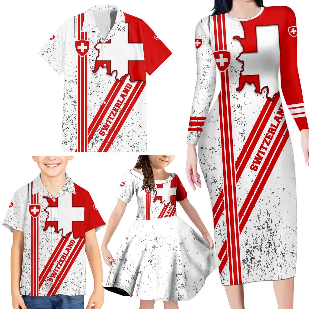 Switzerland Flag Family Matching Long Sleeve Bodycon Dress and Hawaiian Shirt Swiss Map Red-White Distressed - Wonder Print Shop