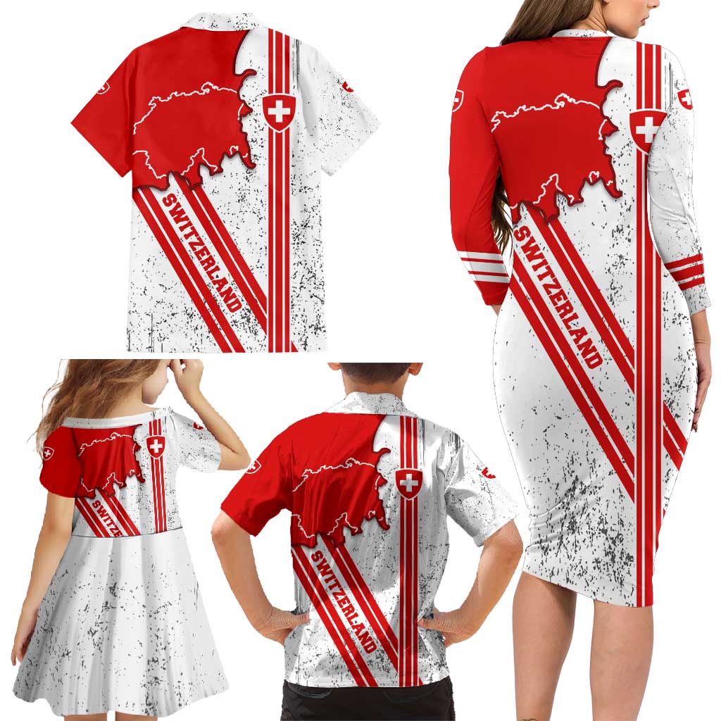 Switzerland Flag Family Matching Long Sleeve Bodycon Dress and Hawaiian Shirt Swiss Map Red-White Distressed - Wonder Print Shop