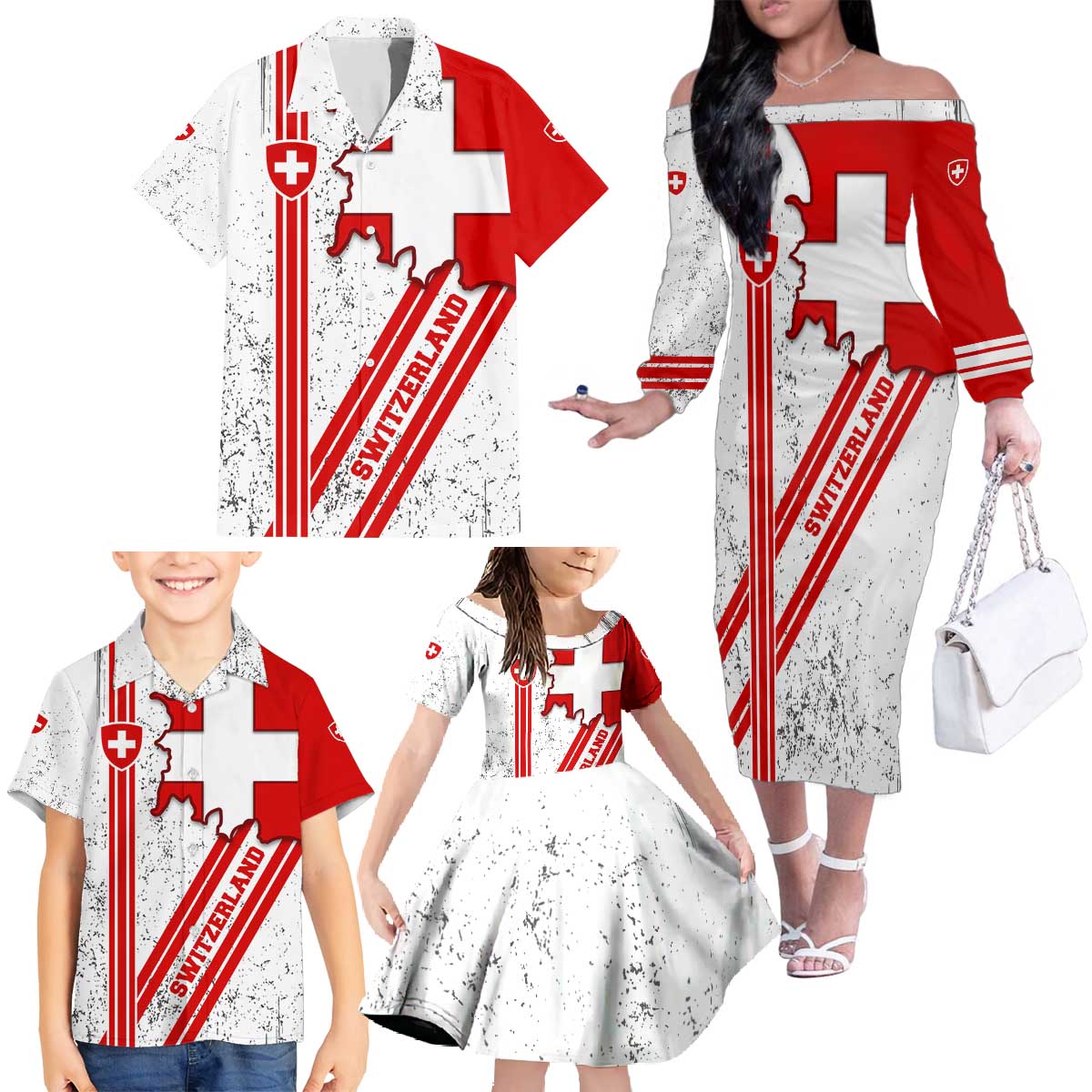 Switzerland Flag Family Matching Off The Shoulder Long Sleeve Dress and Hawaiian Shirt Swiss Map Red-White Distressed - Wonder Print Shop