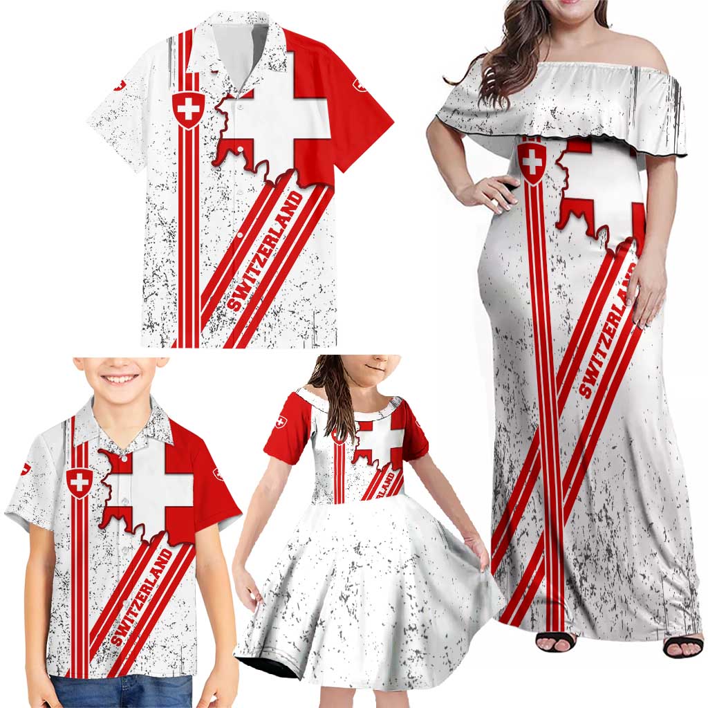 Switzerland Flag Family Matching Off Shoulder Maxi Dress and Hawaiian Shirt Swiss Map Red-White Distressed - Wonder Print Shop