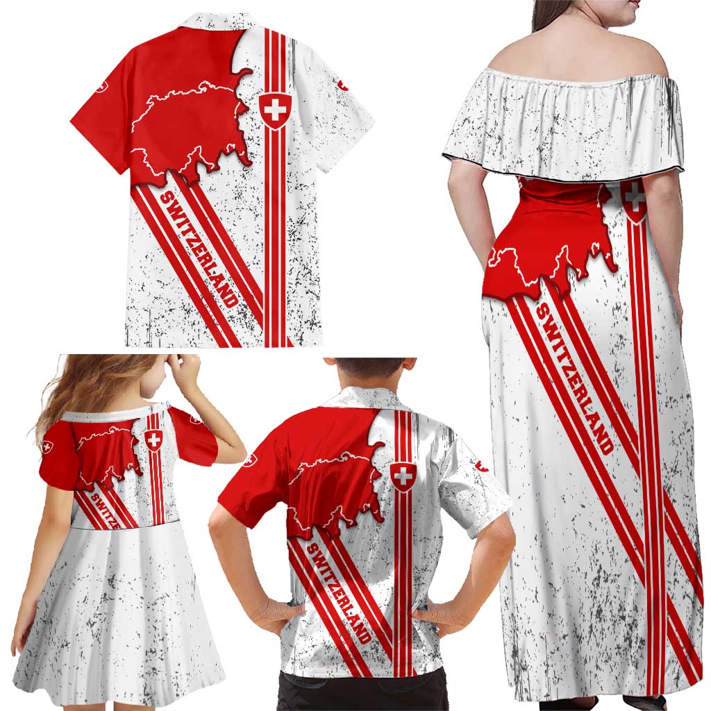 Switzerland Flag Family Matching Off Shoulder Maxi Dress and Hawaiian Shirt Swiss Map Red-White Distressed - Wonder Print Shop