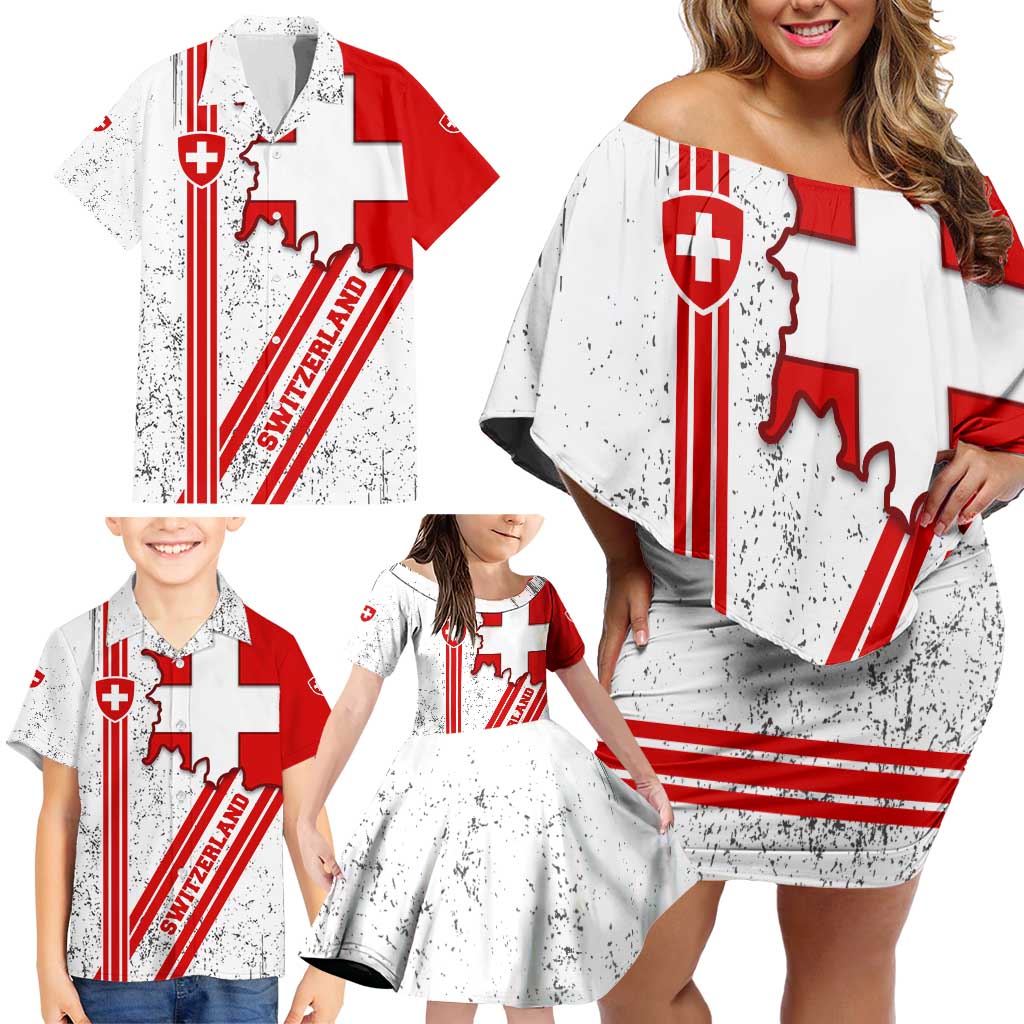 Switzerland Flag Family Matching Off Shoulder Short Dress and Hawaiian Shirt Swiss Map Red-White Distressed - Wonder Print Shop