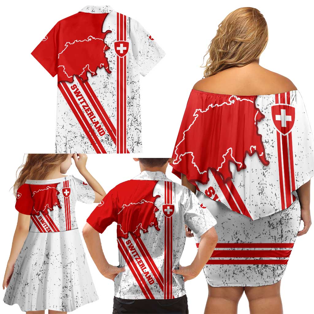 Switzerland Flag Family Matching Off Shoulder Short Dress and Hawaiian Shirt Swiss Map Red-White Distressed - Wonder Print Shop