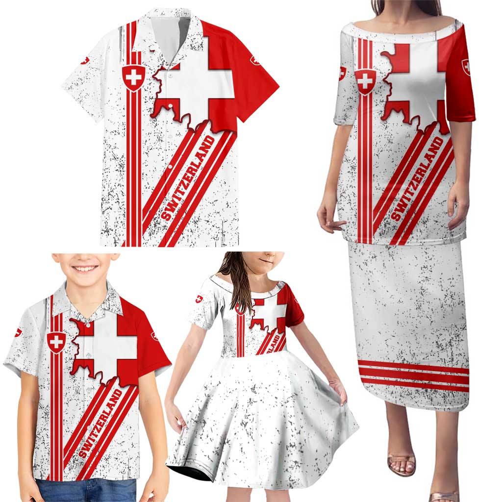 Switzerland Flag Family Matching Puletasi and Hawaiian Shirt Swiss Map Red-White Distressed - Wonder Print Shop