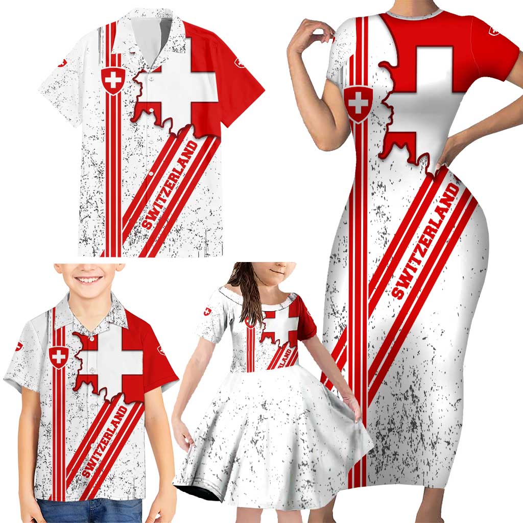 Switzerland Flag Family Matching Short Sleeve Bodycon Dress and Hawaiian Shirt Swiss Map Red-White Distressed - Wonder Print Shop