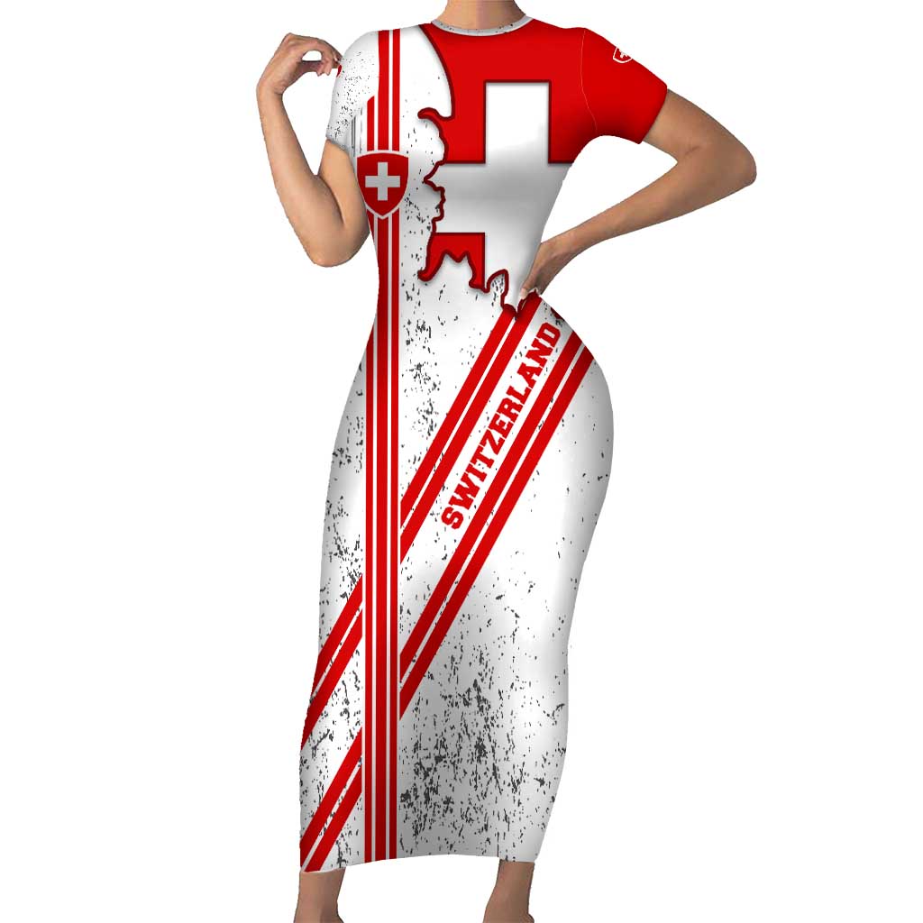 Switzerland Flag Family Matching Short Sleeve Bodycon Dress and Hawaiian Shirt Swiss Map Red-White Distressed - Wonder Print Shop
