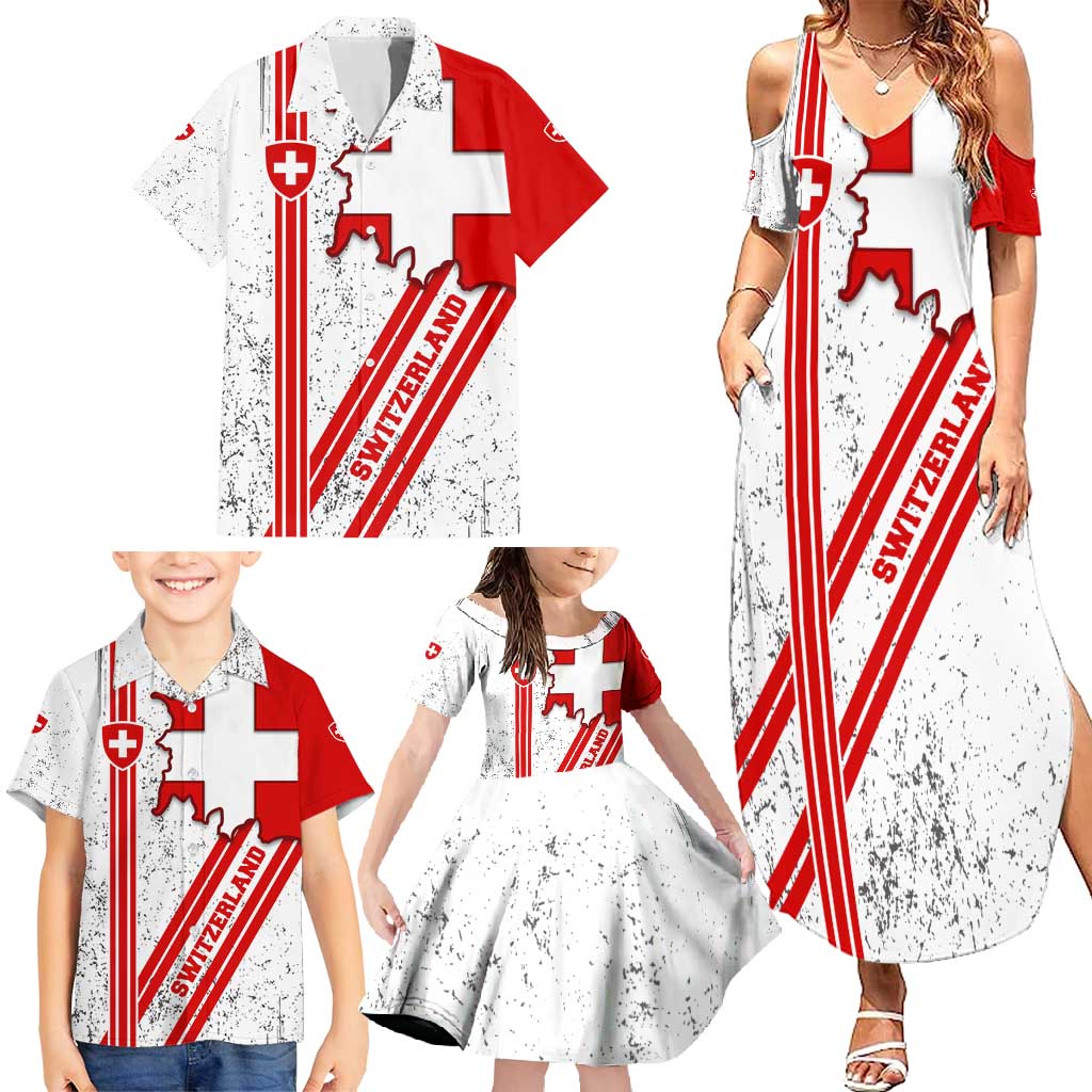 Switzerland Flag Family Matching Summer Maxi Dress and Hawaiian Shirt Swiss Map Red-White Distressed - Wonder Print Shop