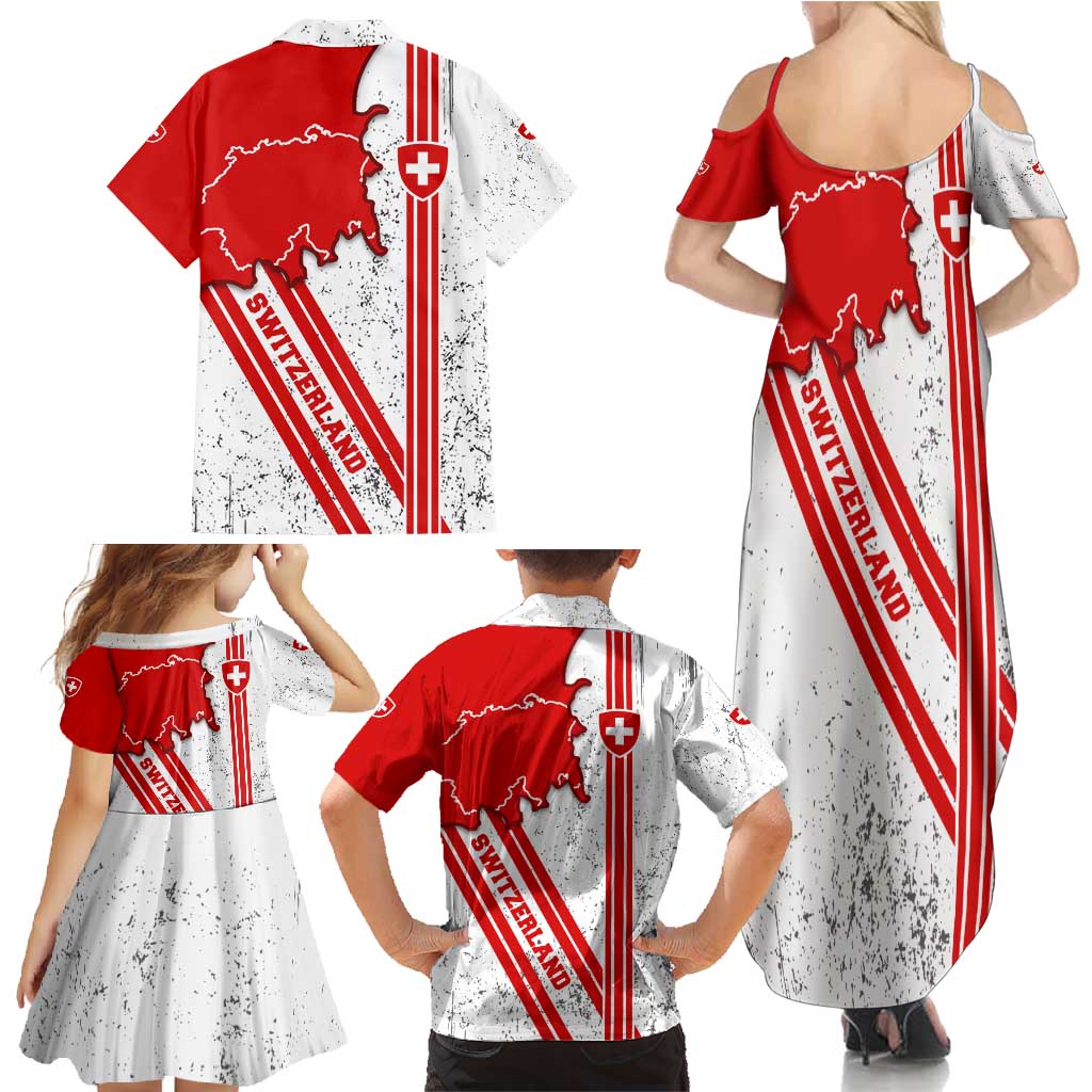Switzerland Flag Family Matching Summer Maxi Dress and Hawaiian Shirt Swiss Map Red-White Distressed - Wonder Print Shop