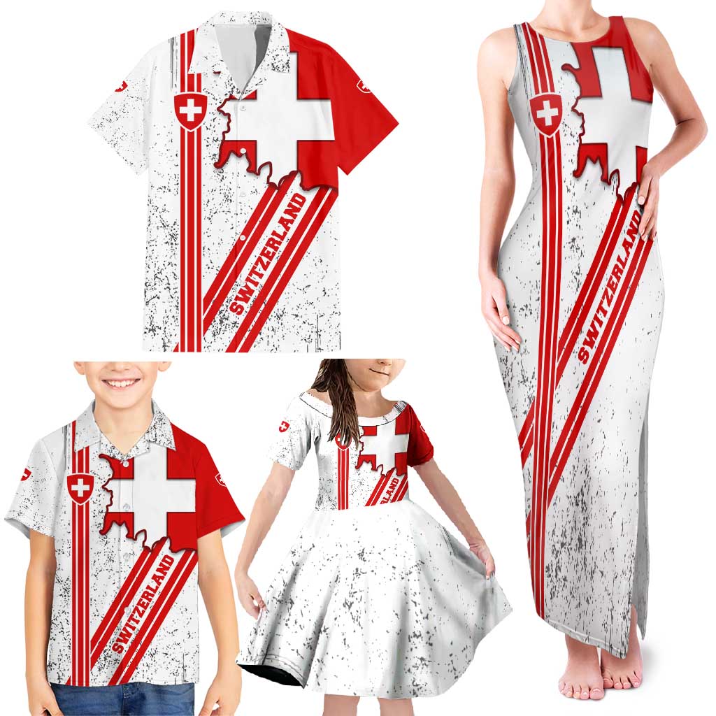 Switzerland Flag Family Matching Tank Maxi Dress and Hawaiian Shirt Swiss Map Red-White Distressed - Wonder Print Shop