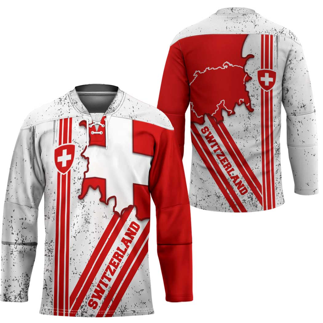 Switzerland Flag Hockey Jersey Swiss Map Red-White Distressed - Wonder Print Shop