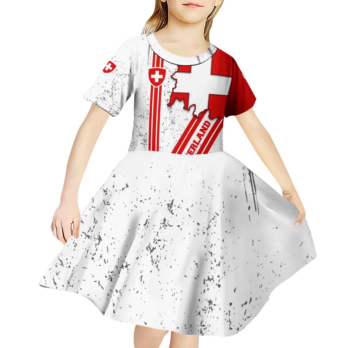 Switzerland Flag Kid Short Sleeve Dress Swiss Map Red-White Distressed - Wonder Print Shop