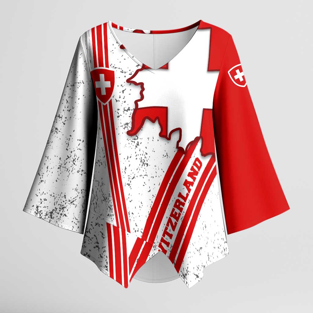Switzerland Flag Kimono Sleeve Blouse Swiss Map Red-White Distressed - Wonder Print Shop