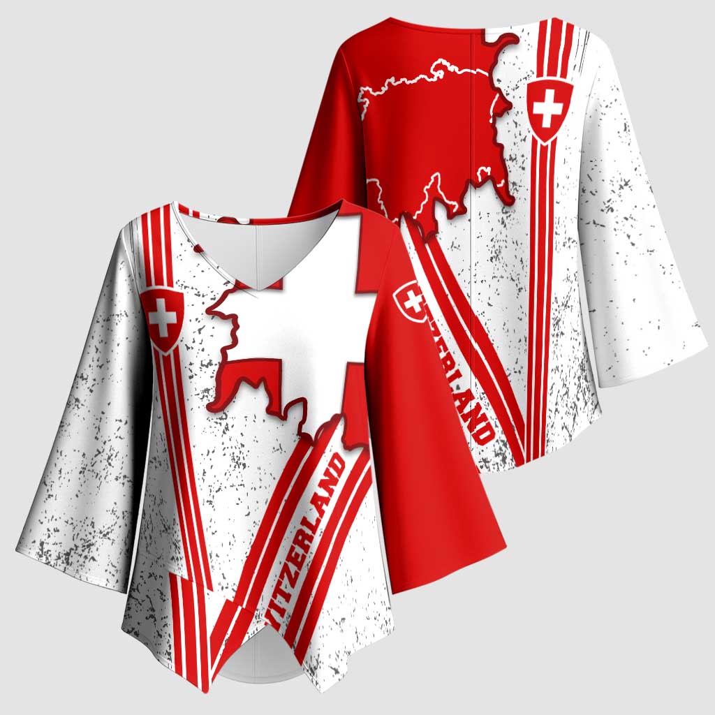 Switzerland Flag Kimono Sleeve Blouse Swiss Map Red-White Distressed - Wonder Print Shop