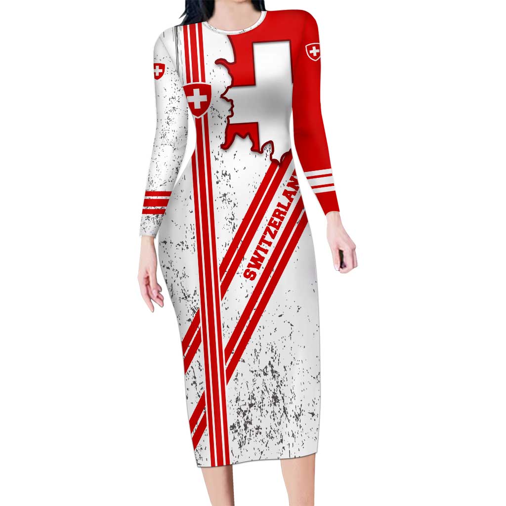 Switzerland Flag Long Sleeve Bodycon Dress Swiss Map Red-White Distressed - Wonder Print Shop
