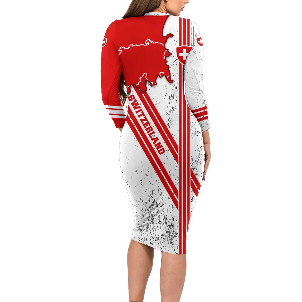 Switzerland Flag Long Sleeve Bodycon Dress Swiss Map Red-White Distressed - Wonder Print Shop