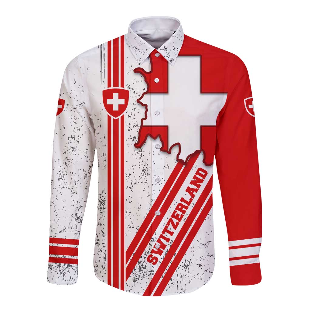 Switzerland Flag Long Sleeve Button Shirt Swiss Map Red-White Distressed - Wonder Print Shop