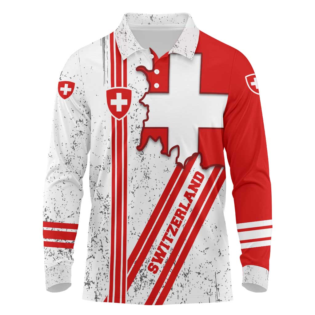 Switzerland Flag Long Sleeve Polo Shirt Swiss Map Red-White Distressed - Wonder Print Shop