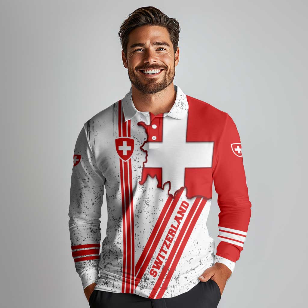 Switzerland Flag Long Sleeve Polo Shirt Swiss Map Red-White Distressed - Wonder Print Shop