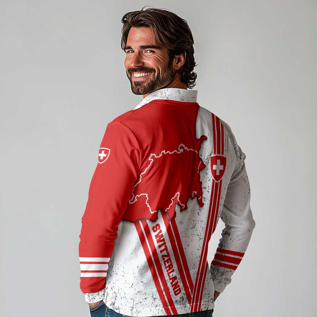 Switzerland Flag Long Sleeve Polo Shirt Swiss Map Red-White Distressed - Wonder Print Shop