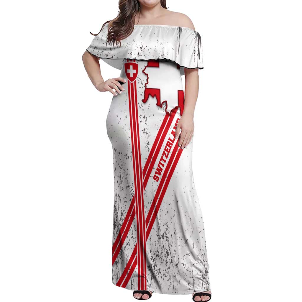 Switzerland Flag Off Shoulder Maxi Dress Swiss Map Red-White Distressed - Wonder Print Shop