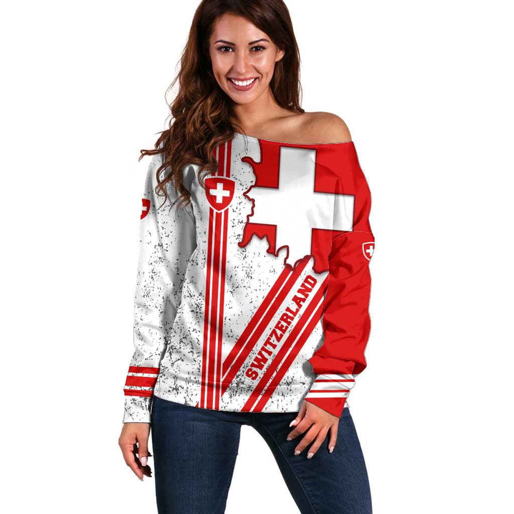 Switzerland Flag Off Shoulder Sweater Swiss Map Red-White Distressed - Wonder Print Shop