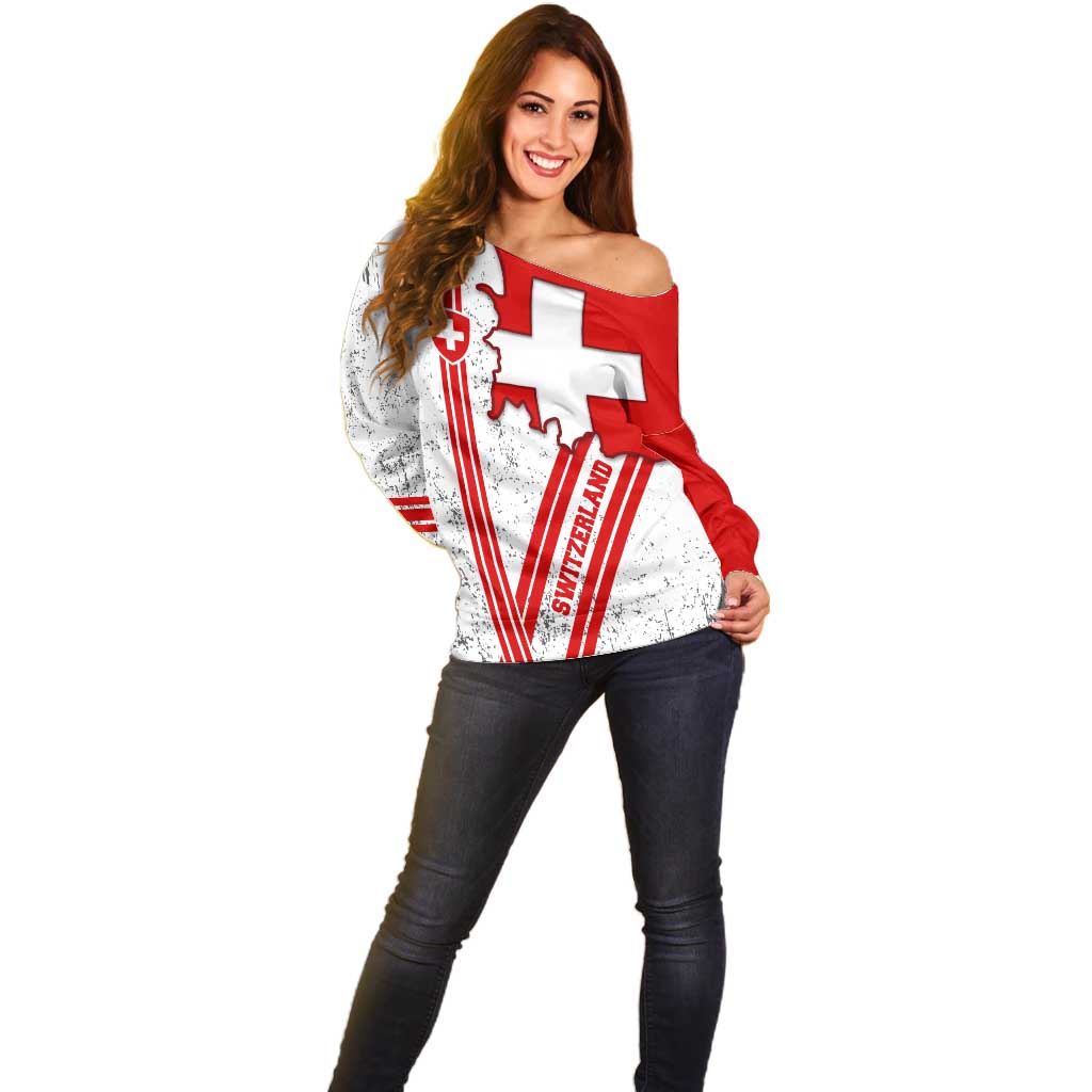 Switzerland Flag Off Shoulder Sweater Swiss Map Red-White Distressed - Wonder Print Shop