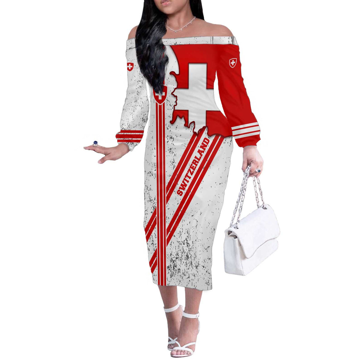Switzerland Flag Off The Shoulder Long Sleeve Dress Swiss Map Red-White Distressed - Wonder Print Shop