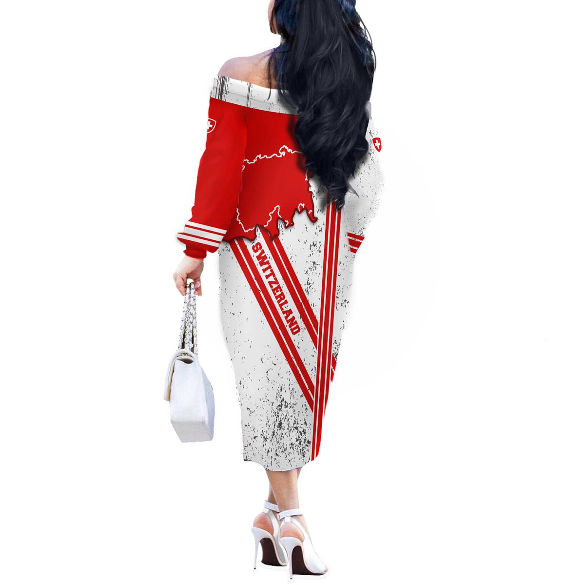Switzerland Flag Off The Shoulder Long Sleeve Dress Swiss Map Red-White Distressed - Wonder Print Shop