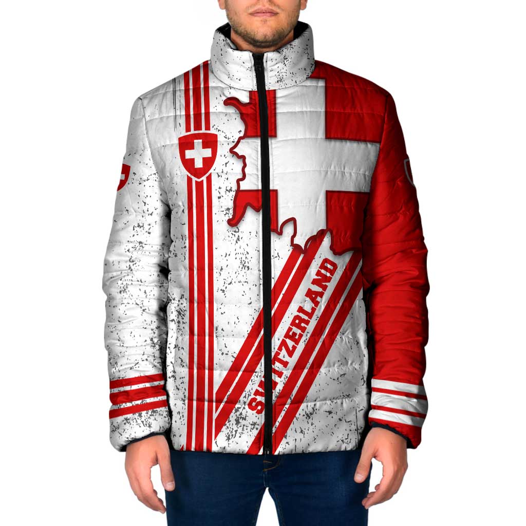 Switzerland Flag Padded Jacket Swiss Map Red-White Distressed - Wonder Print Shop