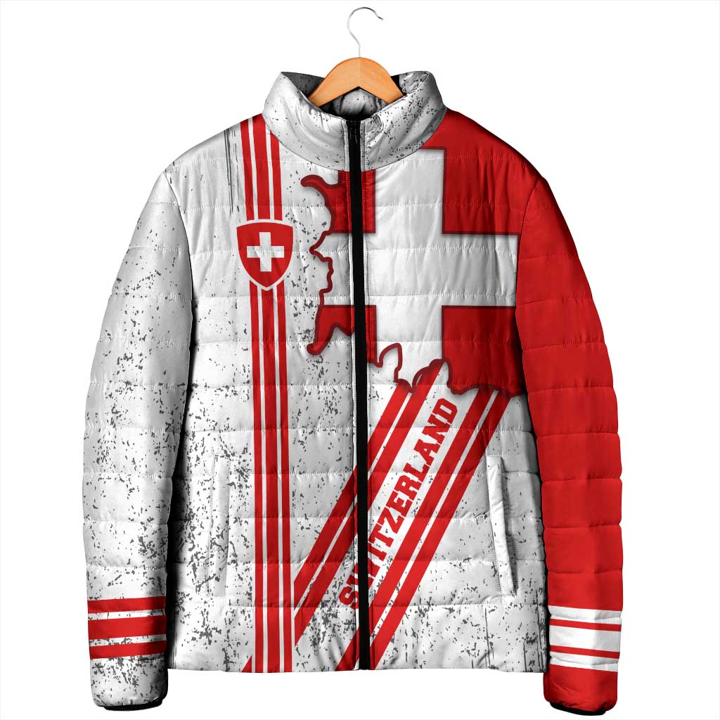Switzerland Flag Padded Jacket Swiss Map Red-White Distressed - Wonder Print Shop