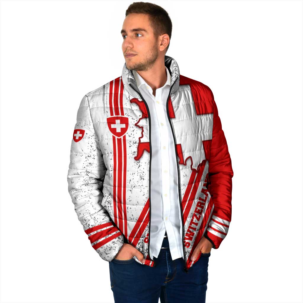 Switzerland Flag Padded Jacket Swiss Map Red-White Distressed - Wonder Print Shop