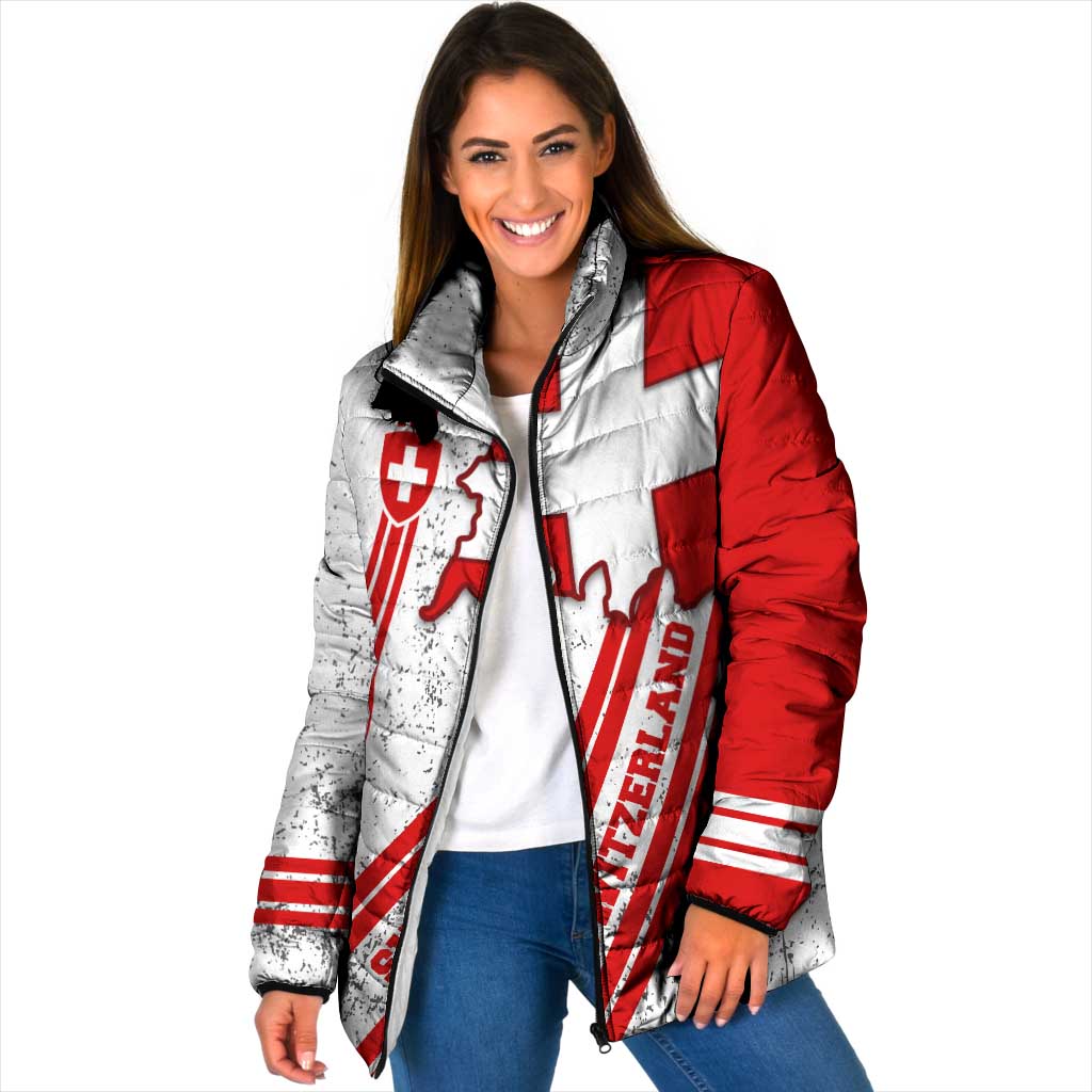 Switzerland Flag Padded Jacket Swiss Map Red-White Distressed - Wonder Print Shop