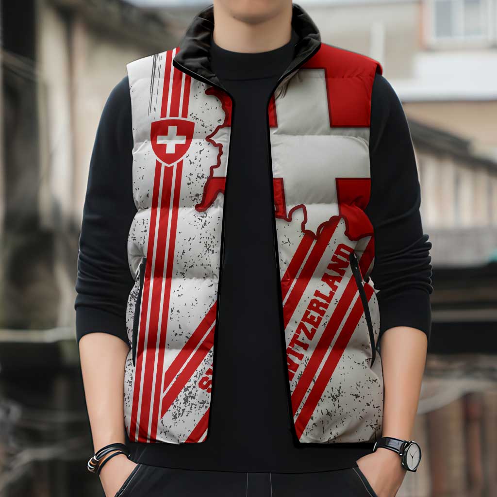 Switzerland Flag Sleeveless Puffer Jacket Swiss Map Red-White Distressed - Wonder Print Shop