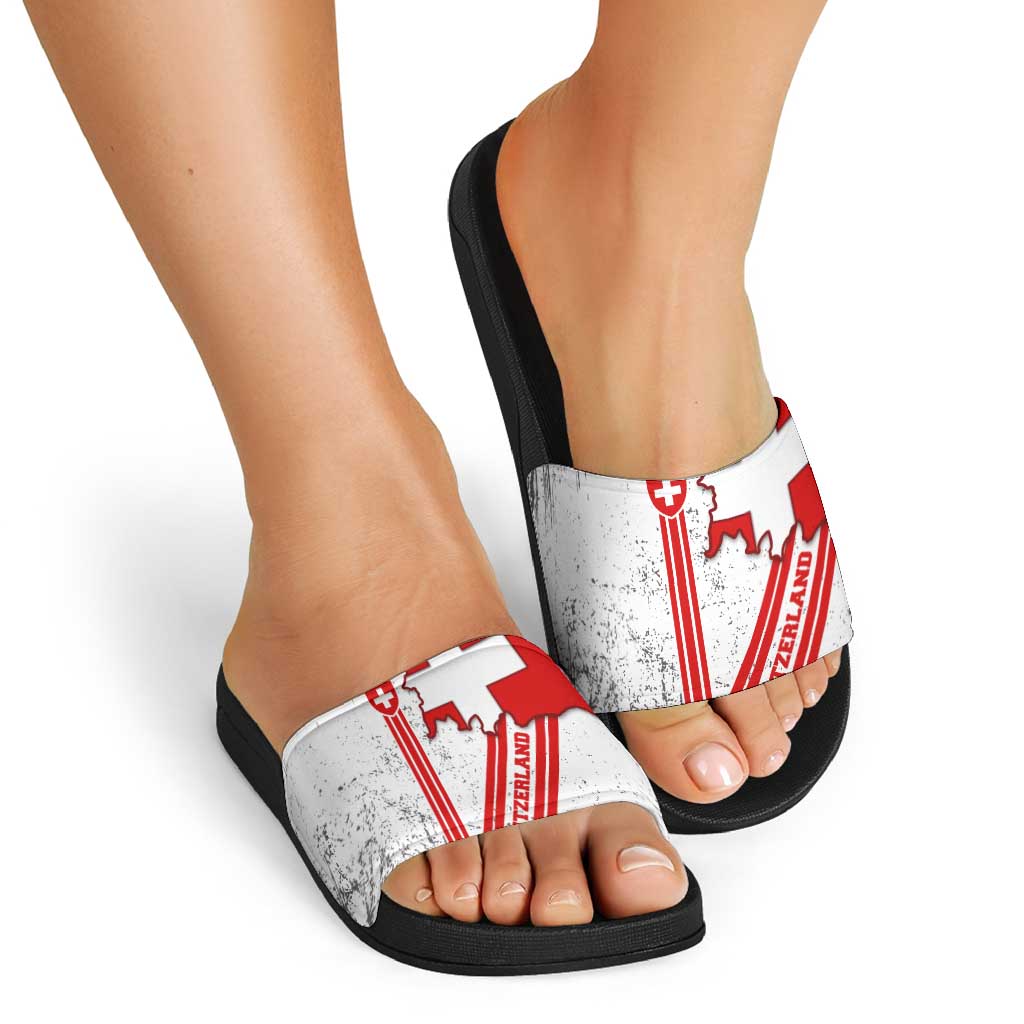 Switzerland Flag Slide Sandals Swiss Map Red-White Distressed - Wonder Print Shop