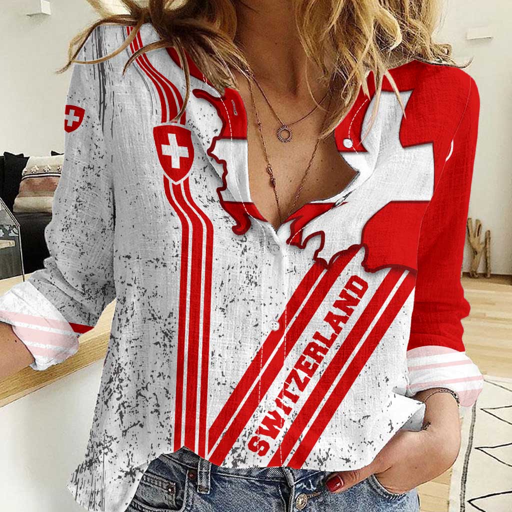 Switzerland Flag Women Casual Shirt Swiss Map Red-White Distressed - Wonder Print Shop