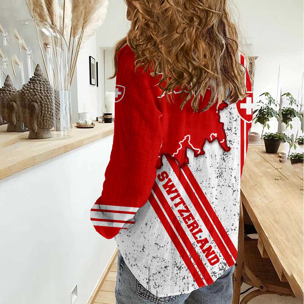Switzerland Flag Women Casual Shirt Swiss Map Red-White Distressed - Wonder Print Shop