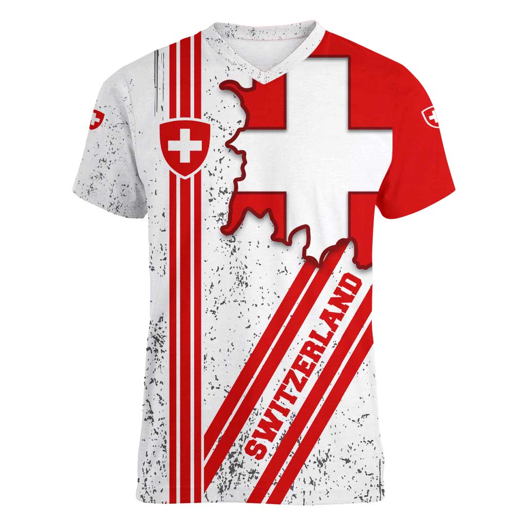 Switzerland Flag Women V-Neck T-Shirt Swiss Map Red-White Distressed - Wonder Print Shop