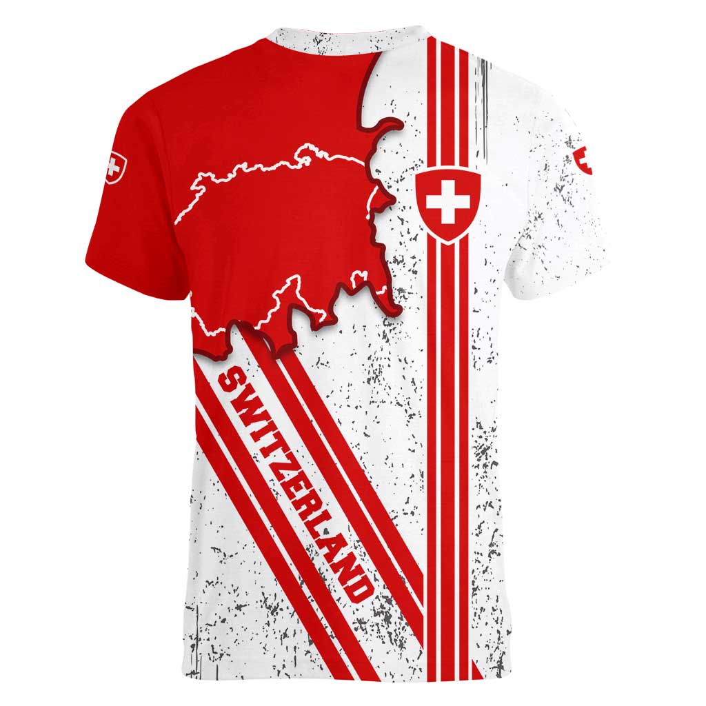 Switzerland Flag Women V-Neck T-Shirt Swiss Map Red-White Distressed - Wonder Print Shop