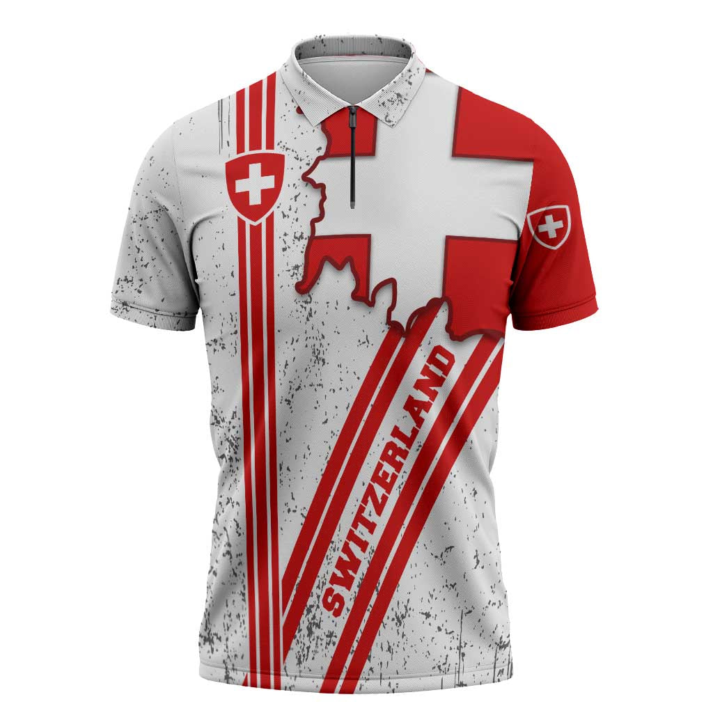 Switzerland Flag Zipper Polo Shirt Swiss Map Red-White Distressed - Wonder Print Shop