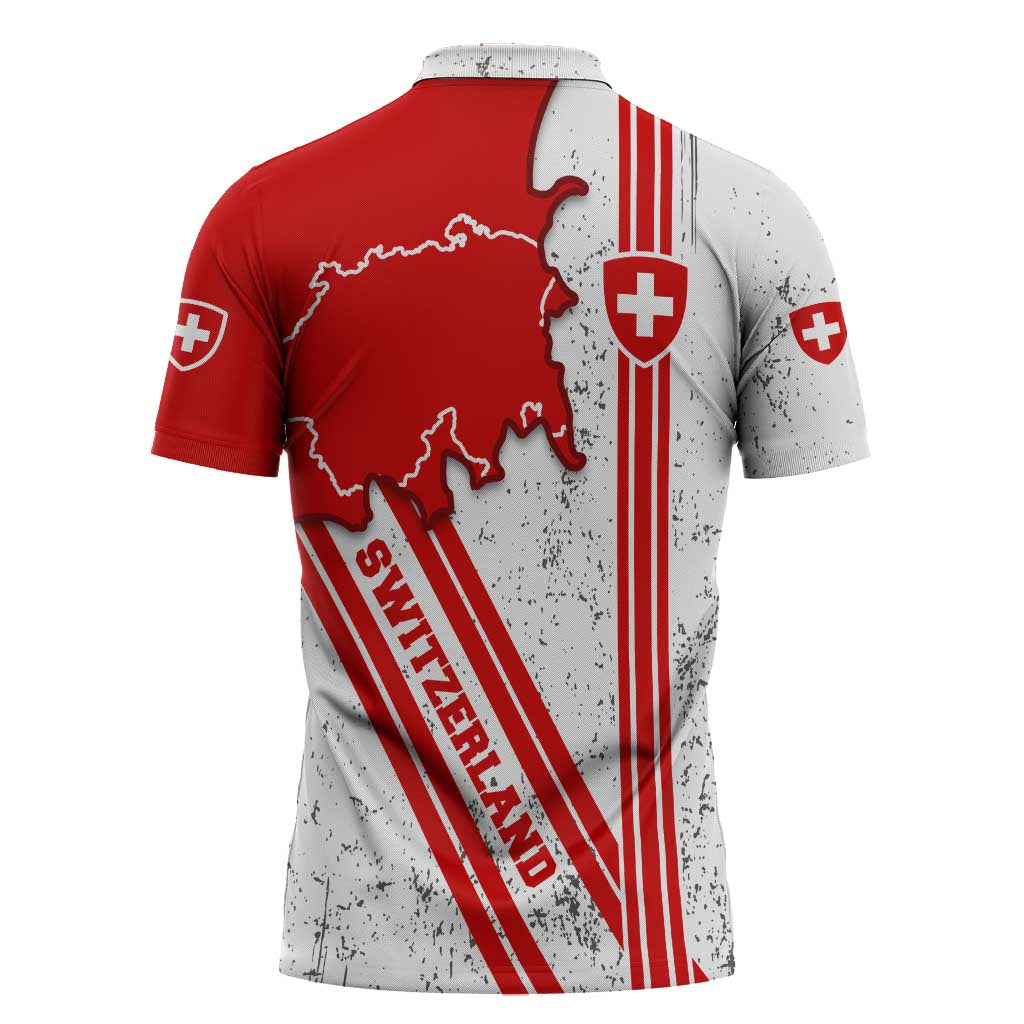 Switzerland Flag Zipper Polo Shirt Swiss Map Red-White Distressed - Wonder Print Shop