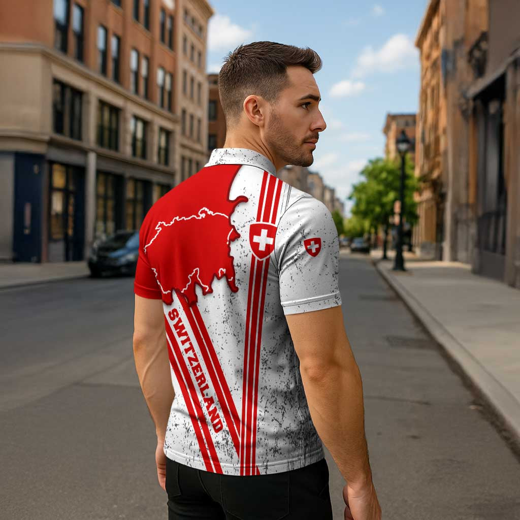 Switzerland Flag Zipper Polo Shirt Swiss Map Red-White Distressed - Wonder Print Shop