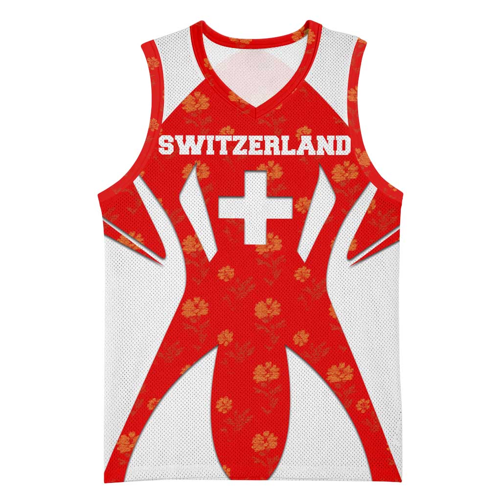 Switzerland Flag Basketball Jersey with Floral Pattern Red and White Sportswear - Wonder Print Shop