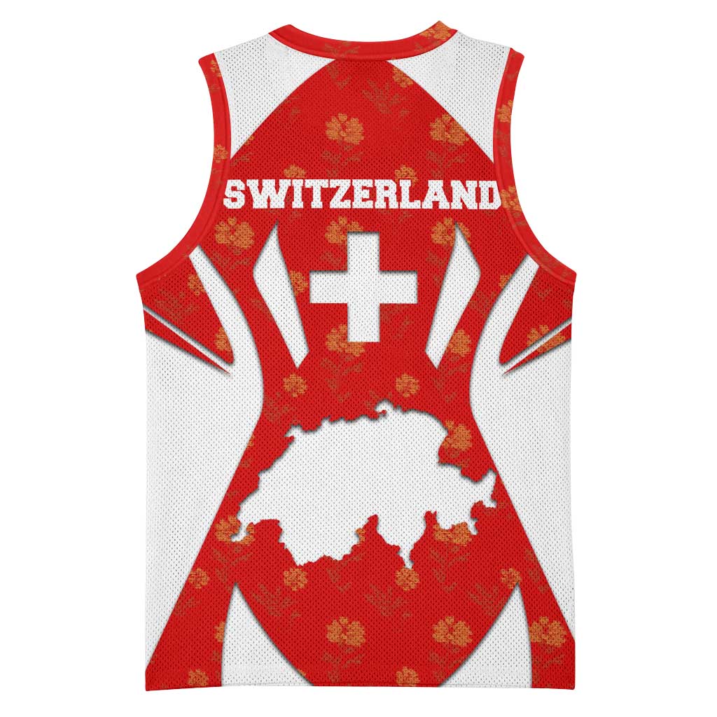 Switzerland Flag Basketball Jersey with Floral Pattern Red and White Sportswear - Wonder Print Shop