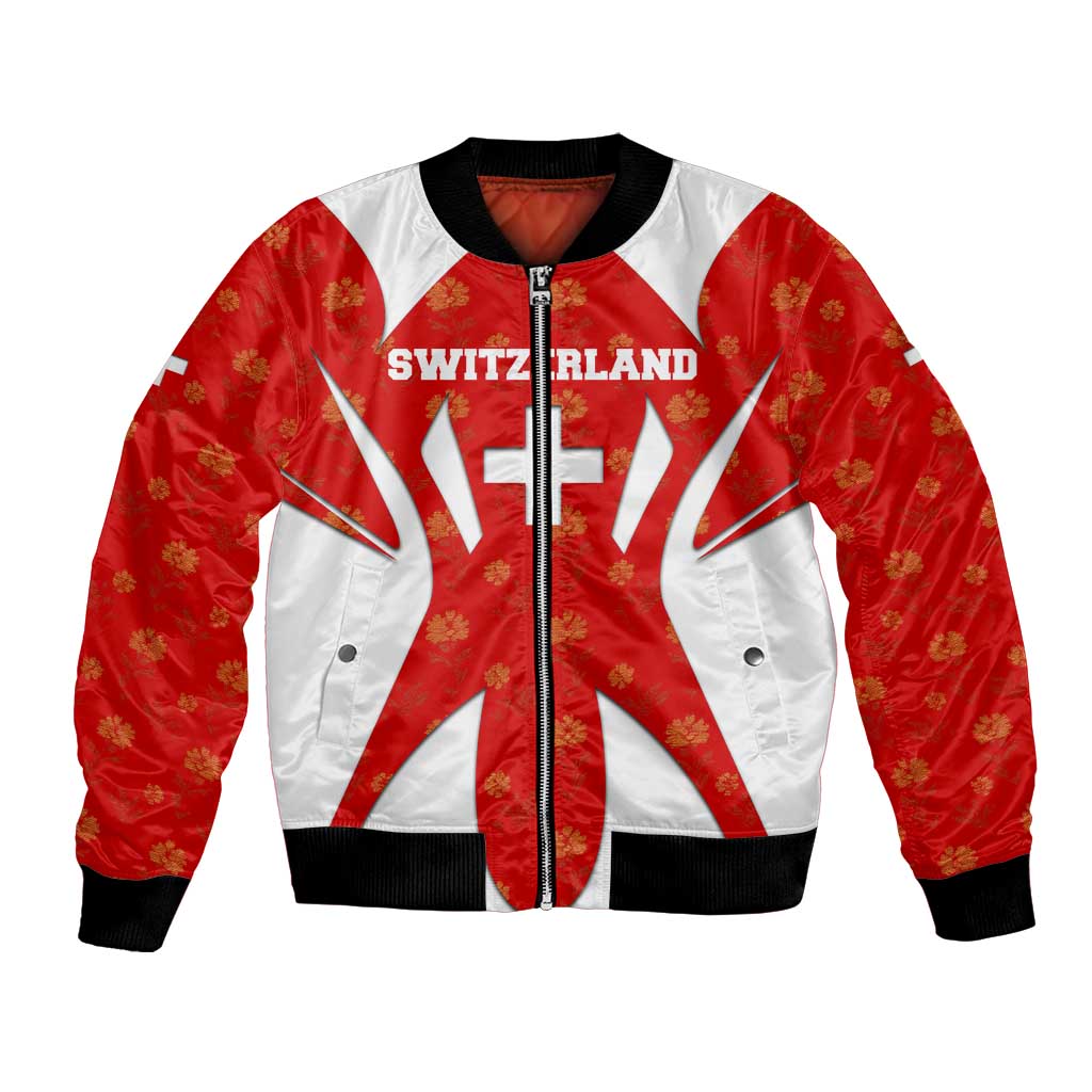 Switzerland Flag Bomber Jacket with Floral Pattern Red and White Sportswear - Wonder Print Shop