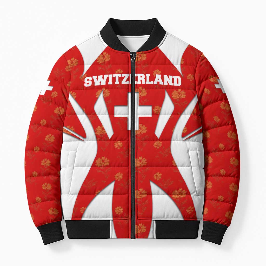 Switzerland Flag Bomber Puffer Jacket with Floral Pattern Red and White Sportswear - Wonder Print Shop