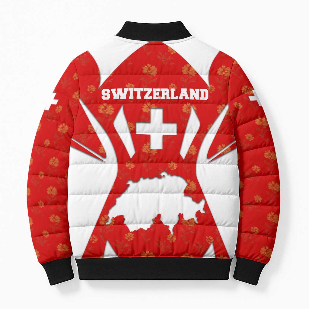 Switzerland Flag Bomber Puffer Jacket with Floral Pattern Red and White Sportswear - Wonder Print Shop