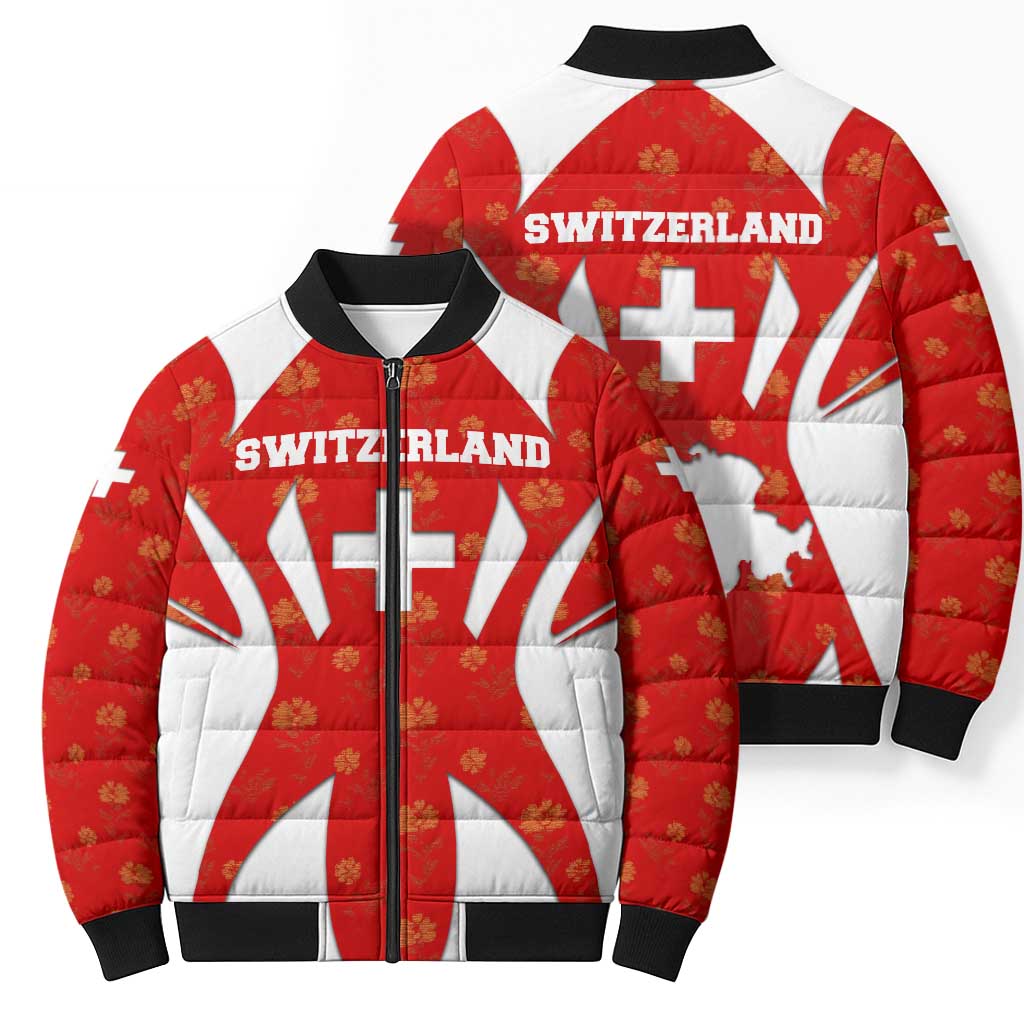 Switzerland Flag Bomber Puffer Jacket with Floral Pattern Red and White Sportswear - Wonder Print Shop